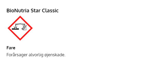 BioNutria Star Classic øjenskaderisiko BioNutria Star Classic med farepiktogram for alvorlig øjensk