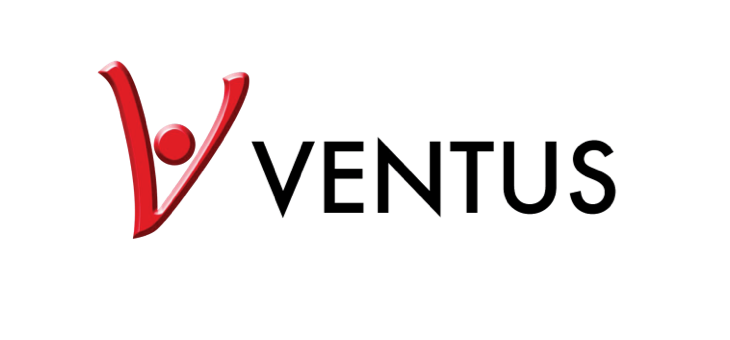 Ventus logo - rød V-formet figur med rund prik og sort tekst "VENTUS" Ventus-logo med rød V-formet figur med rund prik og sort tekst "VENTUS"