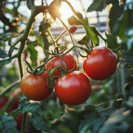 Økologisk tomatfrø 'Matina' – tidlig sort til drivhus og friland | Buzzy Organic Klynge af modne røde Matina-tomater på planten i drivhus. Produkt: Økologisk tomatfrø 'Matina' fra Buzzy Organic, tidlig sort med god balance mellem sødme og syre, egnet til friland og drivhus, såning marts–maj.