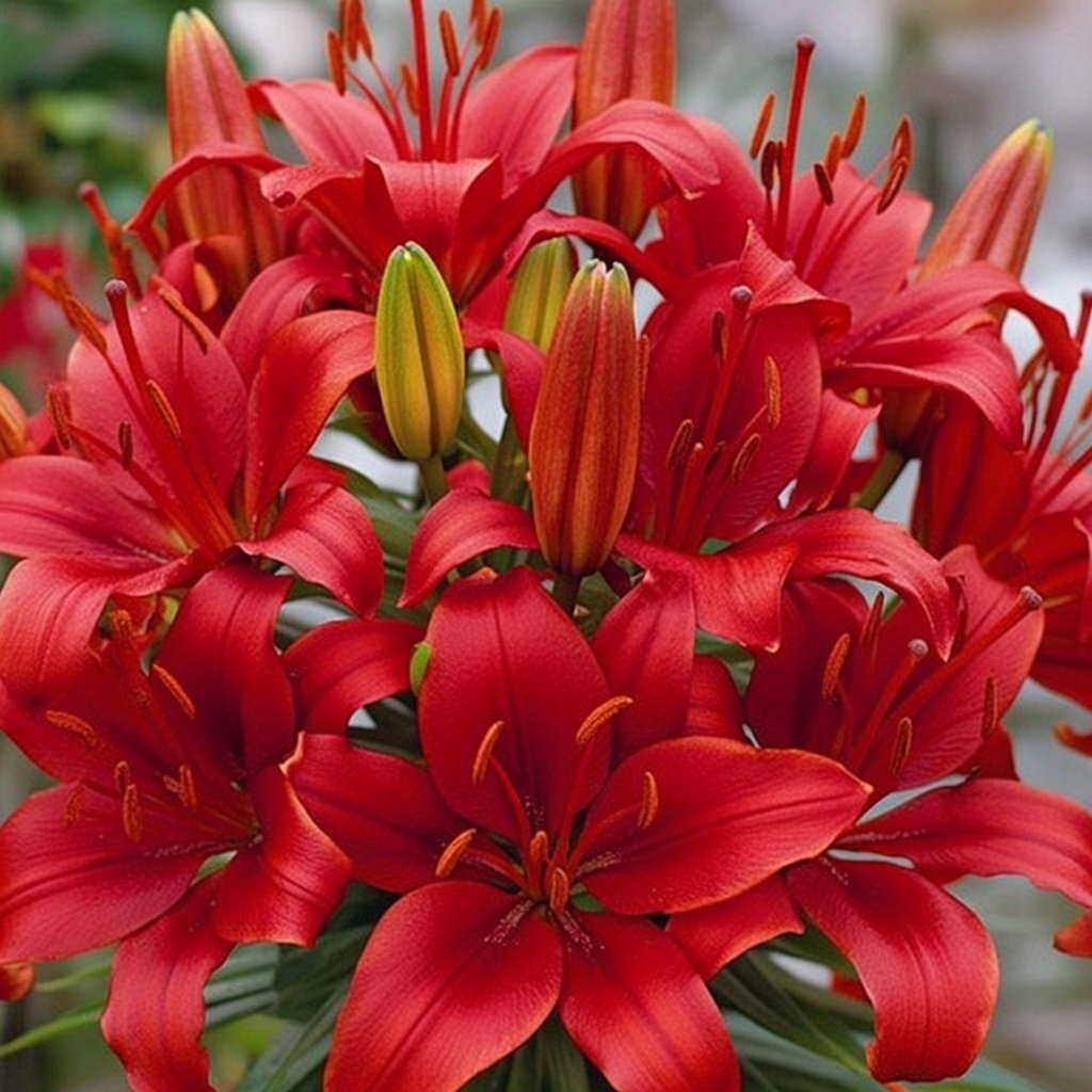 Tæt billede af røde asiatiske liljer (Asiatisk lilje rød) i fuldt flor. Pakke med 3 løg fra Florex, velegnet til bede, krukker og som snitblomst. Blomstrer juni–august, solrigt sted og veldrænet jord anbefales.