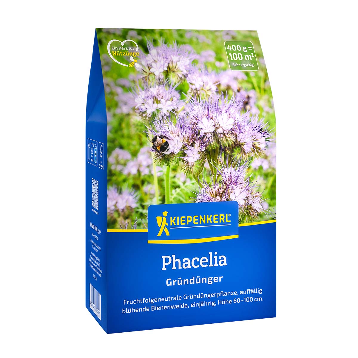 Foto af Kiepenkerl frøpose med Honningurt (Phacelia), 400 g = 100 m². Viser lilla blomsterstande på tæt plantedække; ideel som hurtig grøngødning der hæmmer ukrudt, beskytter jorden, forbedrer rodstruktur og tiltrækker bier.