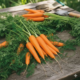 Økologisk vintergulerod frø Flakkese 2 – Buzzy Organic | Køb til vinteropbevaring Nyhøstede økologiske vintergulerødder (Flakkese 2) med grønne toppe lagt på et træbord – ideelle til vinteropbevaring, bagning eller gryderetter, fra Buzzy Organic