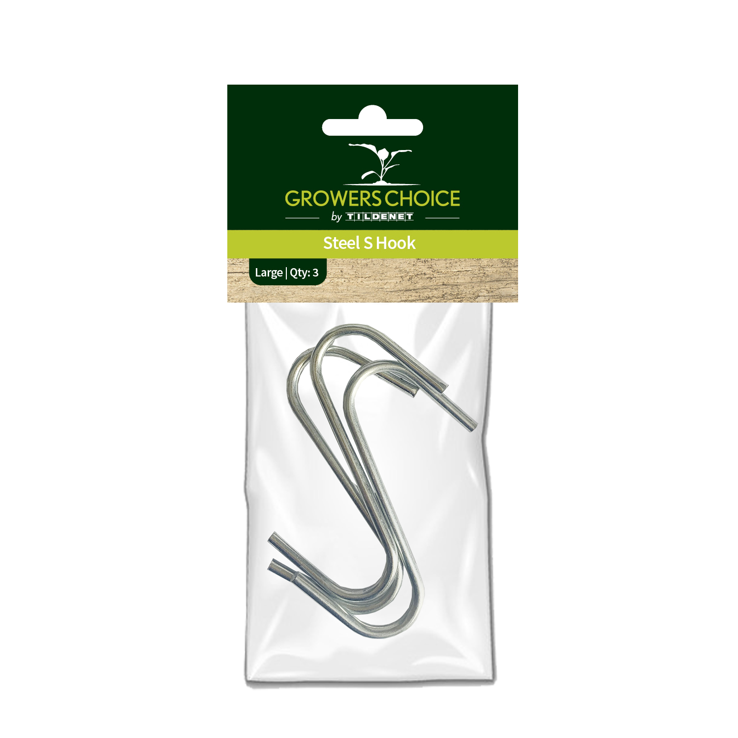 Pakke med 3 store S-formede stålkroge fra Growers Choice