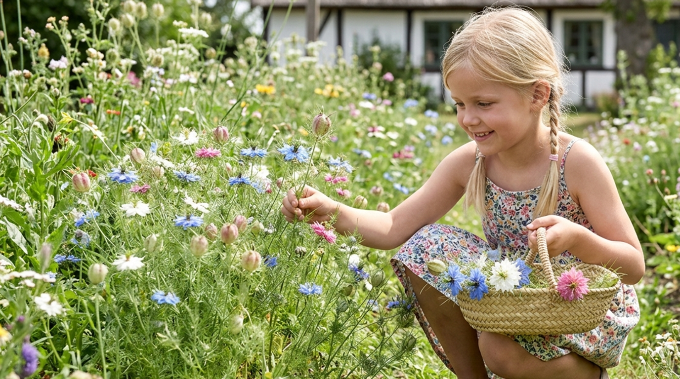 Lille pige i blomsterkjole plukker blå og hvide vilde blomster i en sommereng og holder en flettet kurv med blomster foran et bindingsværkshus