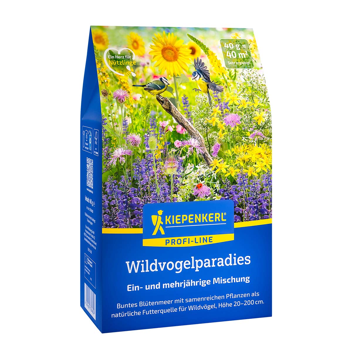 Kiepenkerl pakke med 'Blomsterblanding med frø til fugle - 40 m2', farverig blomstereng med gule, lilla og pink blomster, vilde frøstande og små fugle – naturlig føde, skjul og levesteder til vilde fugle