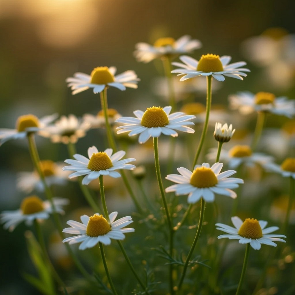 Nærbillede af økologiske kamilleblomster (Matricaria chamomilla) med hvide kronblade og gult midte i blødt lys – frø til dyrkning af kamillete fra Buzzy Organic.