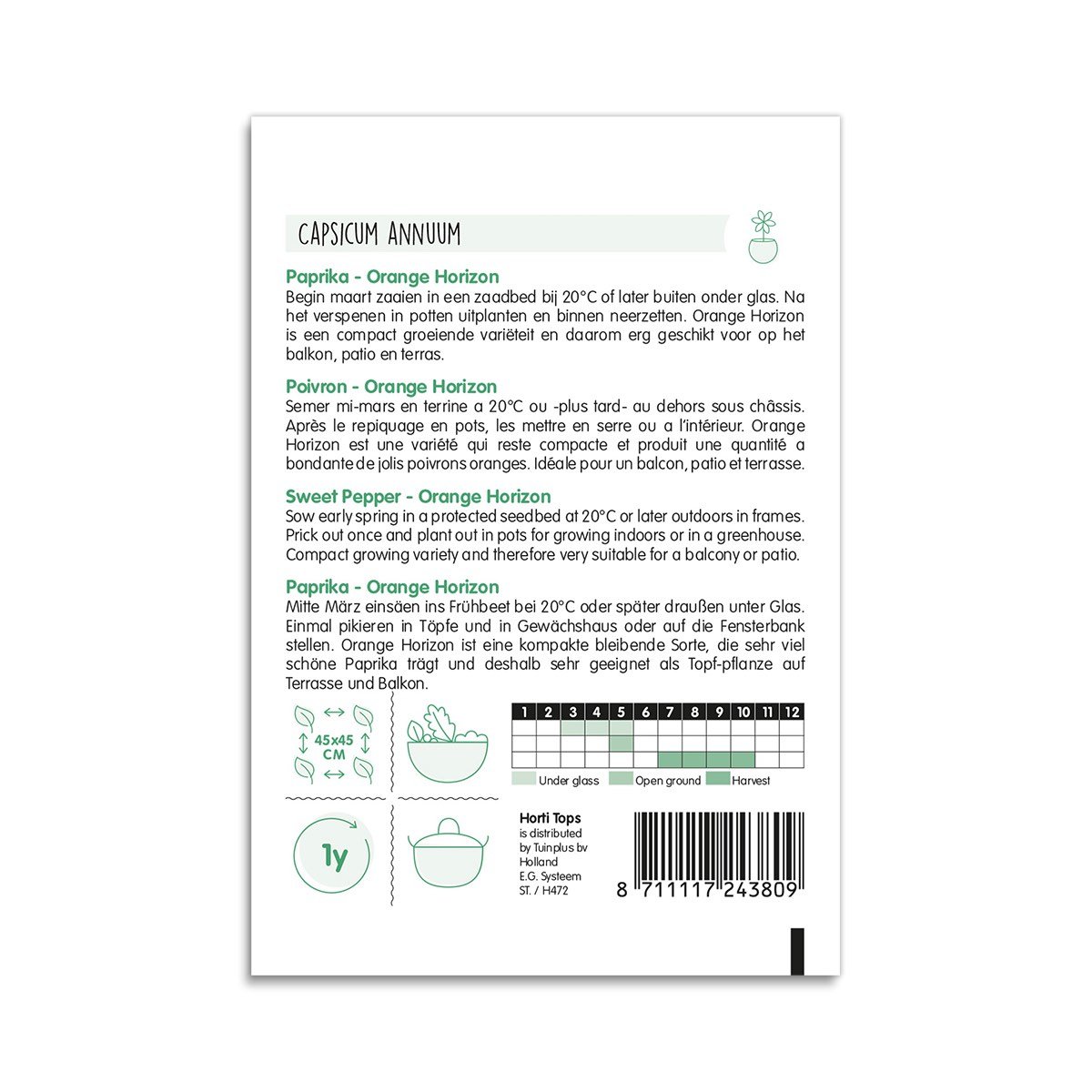Bagside af frøpose til paprika Orange Horizon med info