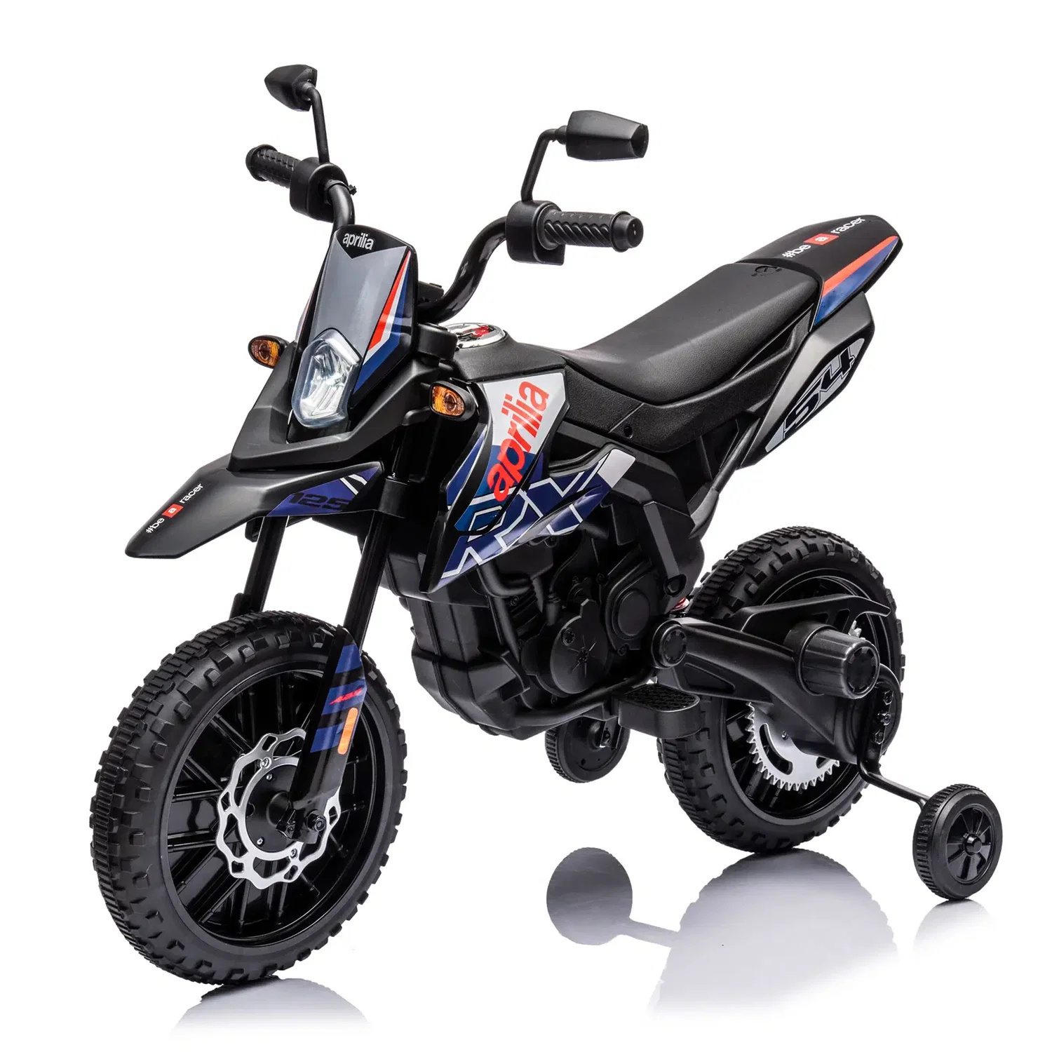 Aprilia el-motorcykel NORDIC PLAY Speed i blå til børn 3-8 år, 50W motor (1 x 10,8V), topfart ca. 6 km/t, forlygte, musik og Bluetooth samt aftagelige støttehjul