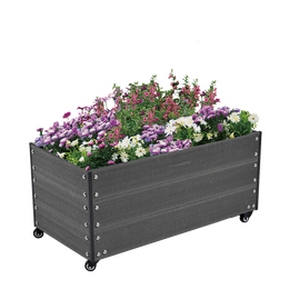 Rektangulært højbed på hjul fyldt med blomster