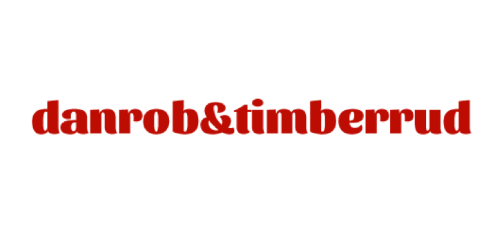 Rødt logo med teksten danrob&timberrud på sort baggrund