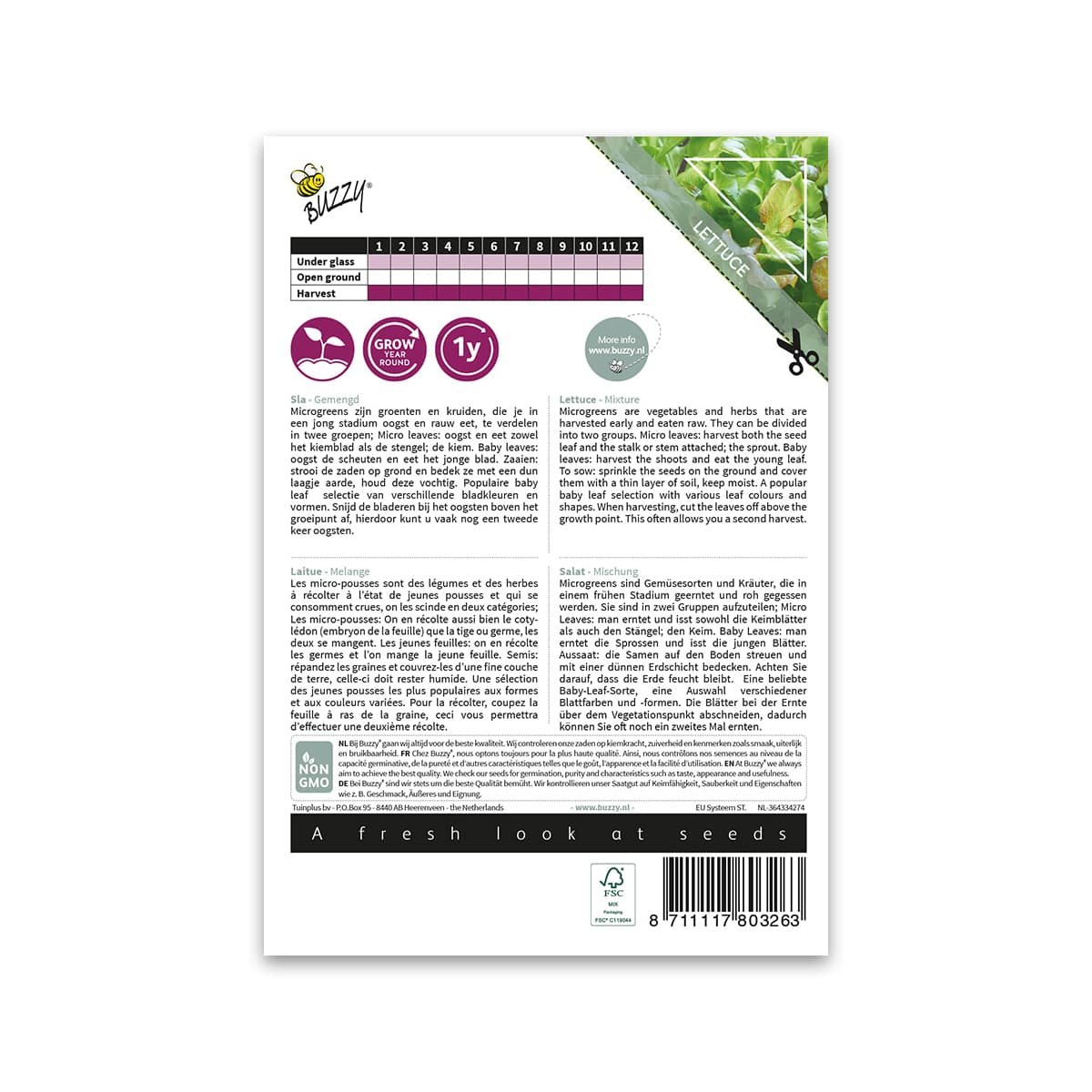Buzzy frø til salat microgreens Buzzy salat microgreens frøpose bagside