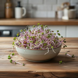 Skål med friske økologiske lilla kålrabispirer: lyserøde stilke og små grønne blade, klar til høst efter ca. 7 dage. Perfekte i salater, smoothies og juice. Produkt: økologiske kålrabispirer frø, 20 g fra Buzzy.