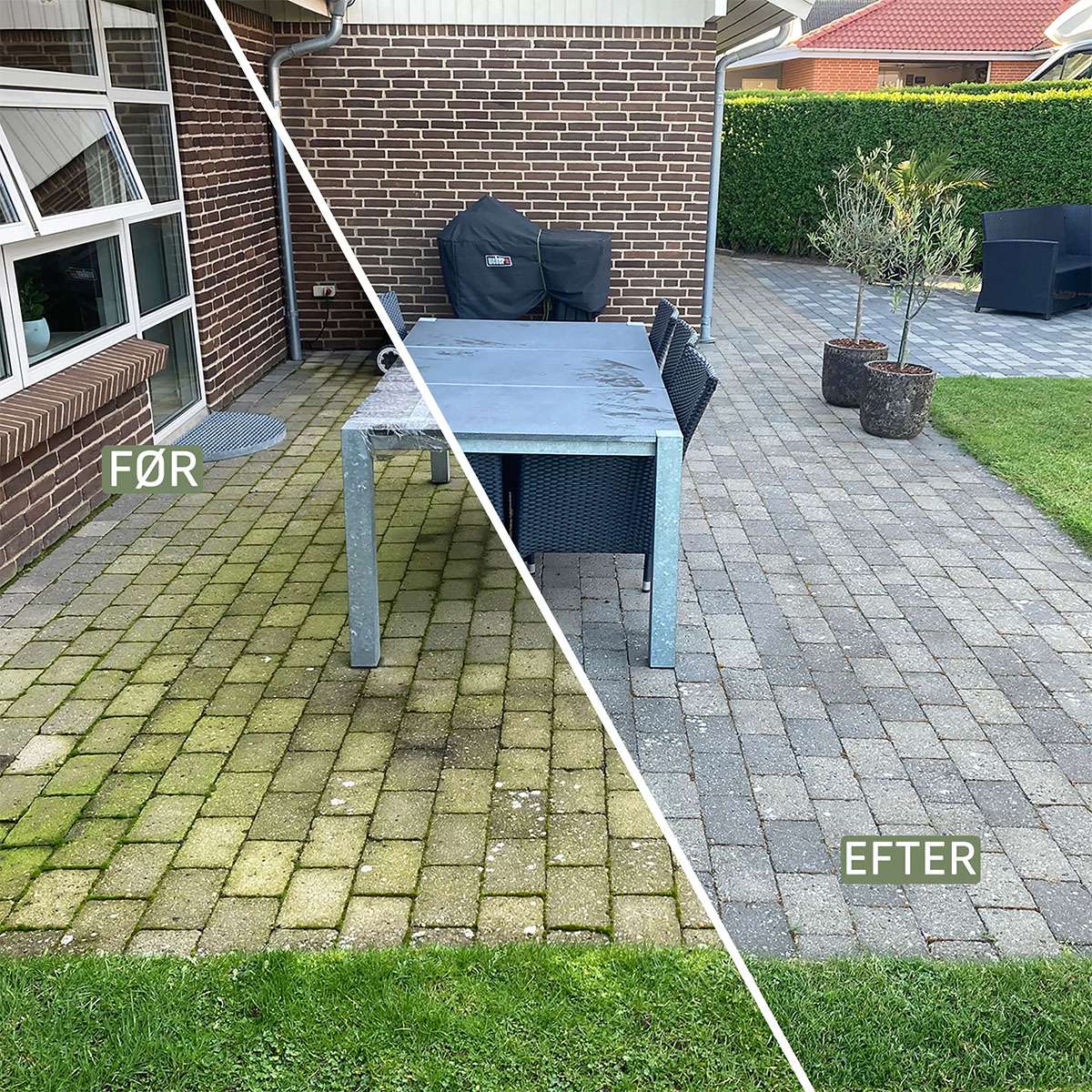 Fliser før og efter effektiv algebehandling Terrassefliser før og efter rens for alger og snavs