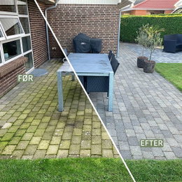 Fliser før og efter effektiv algebehandling Terrassefliser før og efter rens for alger og snavs