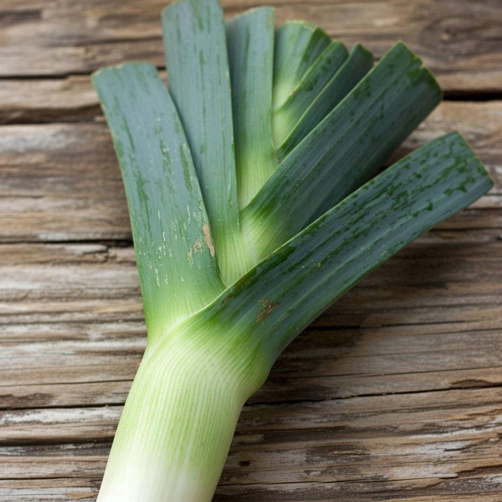 Porrefrø 'Bulgarian Giant' – Horti Tops | Stor, mild efterårsvariant Porre 'Bulgarian Giant' med lange, flade grønne blade på træbord — Horti Tops porrefrø, efterårsvariant med mild løgsmag, velegnet til supper og gryderetter
