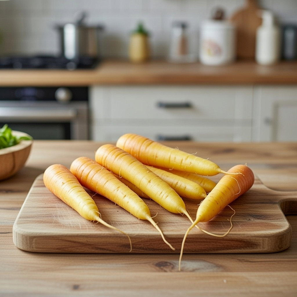 Billede af Jaune de Doubs gule gulerødder på skærebræt, sort fra Horti Tops. Mild og sød smag, god til suppe, gryderetter og salat. Dyrkes frilands marts-juni, høst august-oktober, indhold ca. 6 g frø.