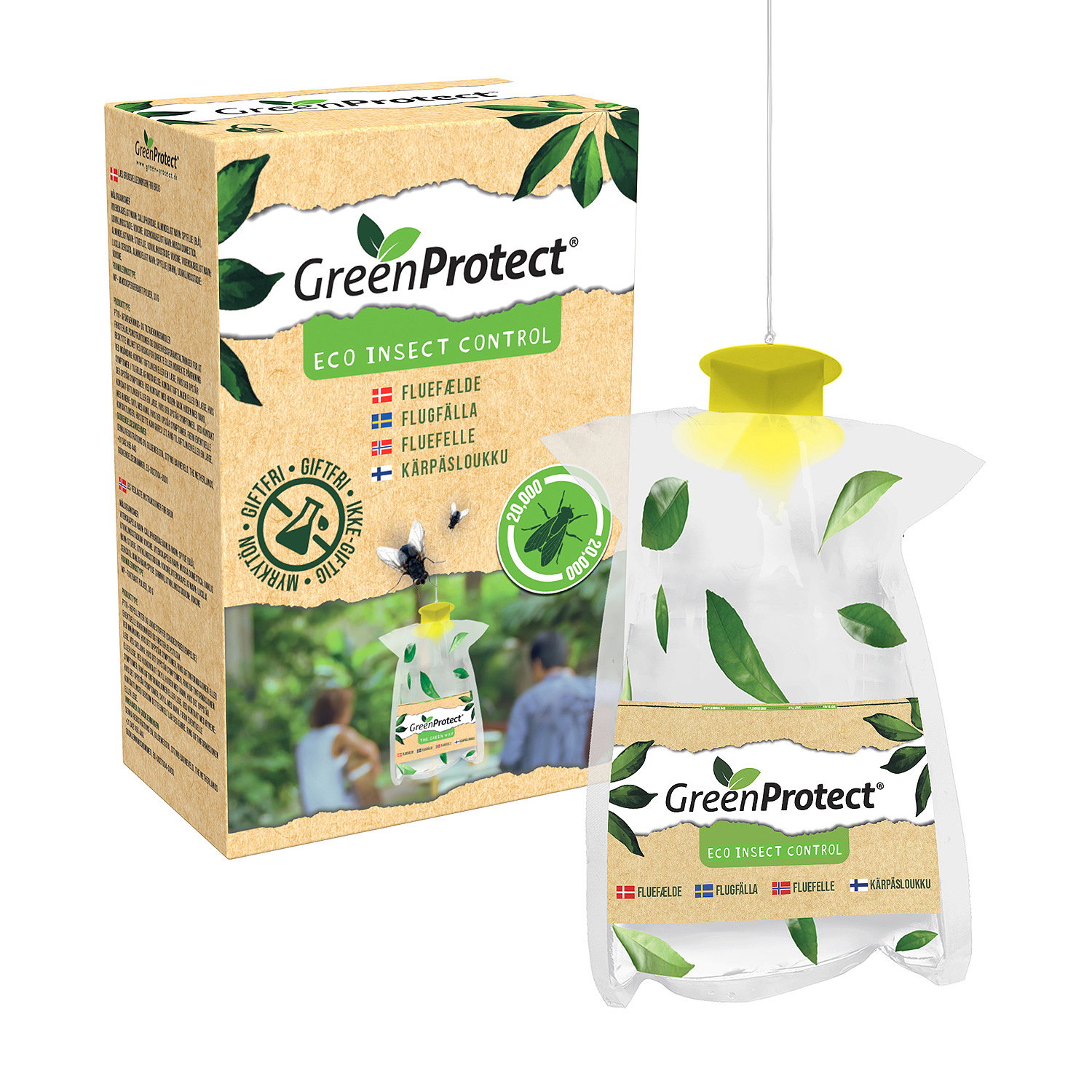 GreenProtect Fluefælde – giftfri fluefælde til indendørs brug, nem at montere og effektiv overvågning og reduktion af fluer Billede af GreenProtect Fluefælde i emballage og opsat fælde; eco-insektkontrol, giftfri løsning til køkken, bryggers og andre indendørs områder