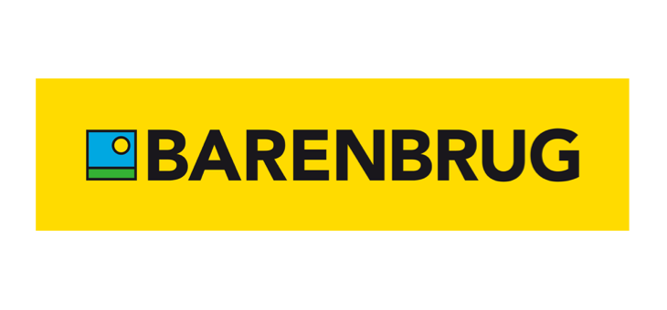 Barenbrug-logo på gul baggrund Barenbrug-logo: blå firkant med sol og grøn horisont ved siden af sort tekst på gul baggrund