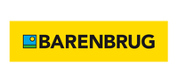 Barenbrug-logo på gul baggrund Barenbrug-logo: blå firkant med sol og grøn horisont ved siden af sort tekst på gul baggrund