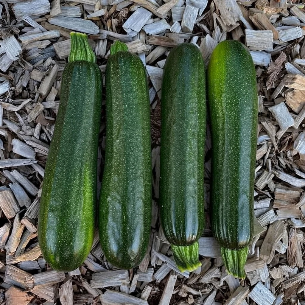 Fire aflange mørkegrønne squash (Ola Escaladora) lagt på træflis. Økologisk klatresort med fast, saftigt frugtkød – frø fra Buzzy Organic