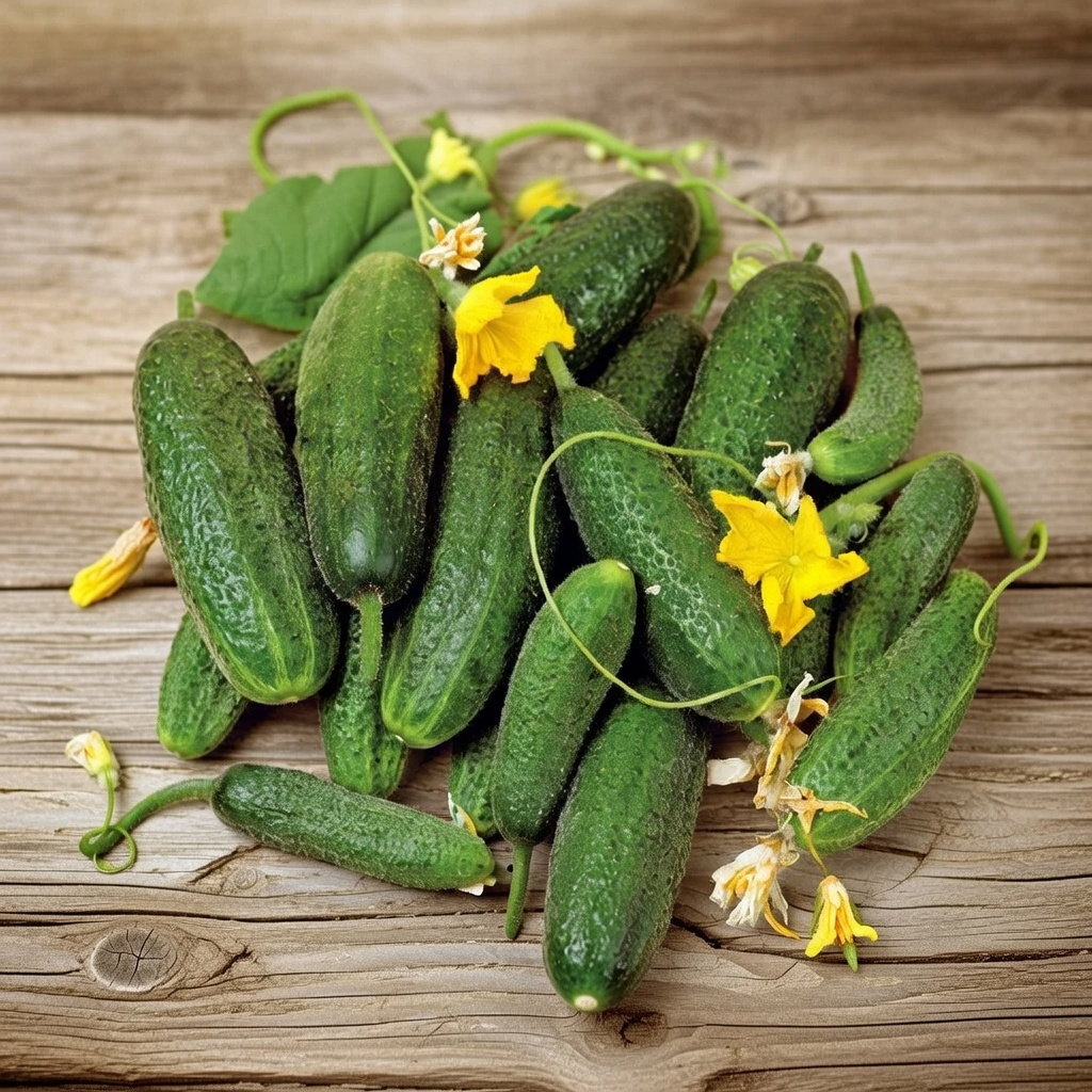Bunke af små, knudrede grønne sylteagurker med gule blomster – sorten "Pickling Paris" fra Horti Tops, ideel til syltning, burgers, sandwich og salater.