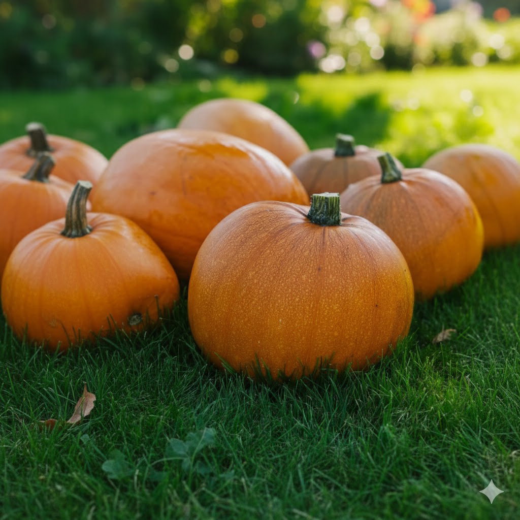 Orange Jack O' Lantern græskar på græs, velegnet til Halloween-lygter og pynt; økologiske græskarfrø fra Buzzy Organic, nemme at dyrke i læ og fuld sol