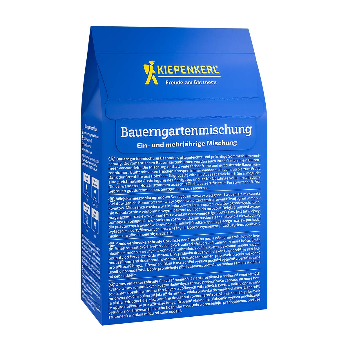 Produktbillede af Kiepenkerl Blomsterblanding Bondegårdsidyl 40 m², blå emballage med produktnavn; klassisk bondehavemix med et- og flerårige sorter i gule, rosa, lilla, hvide og røde nuancer