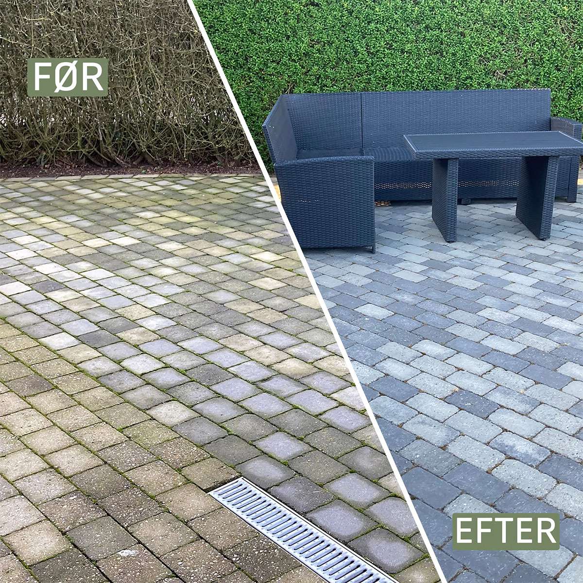 Før og efter rensning af flisebelagt terrasse Sammenligning af beskidt og renset flisebelagt terrasse