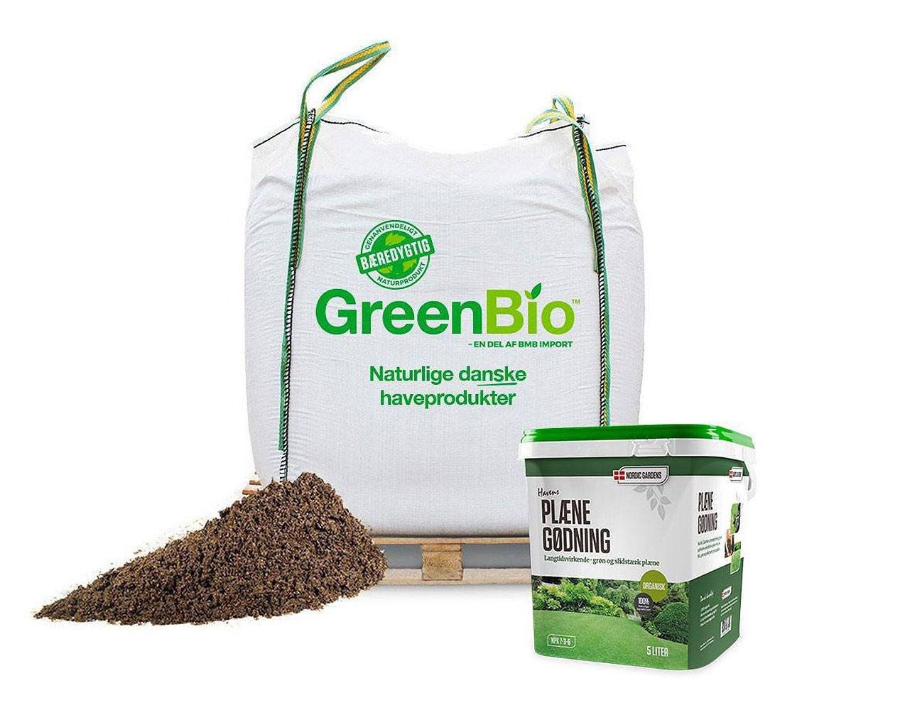 GreenBio naturlig plænegødning sæt GreenBio bigbag jord og spand med plænegødning