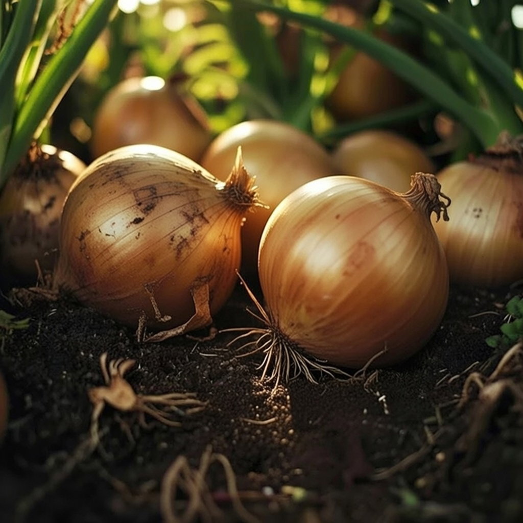 Nærbillede af modne Rijnsburger 5 gule løg i jord; store, flade og runde løg med lys gul skræl og mild sød smag – økologiske frø fra Buzzy Organic