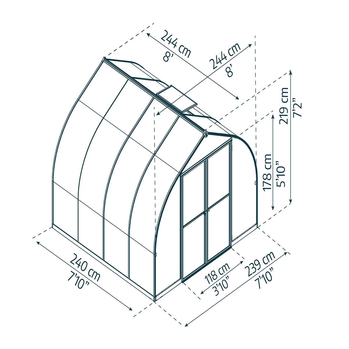 Drivhus Bella 6 m² sølv Palram - Canopia | klokkeformet 2,4 m bredde, dobbeltdøre, aluminiumsramme og dobbeltvæggede polycarbonatpaneler Teknisk tegning af Drivhus Bella 6 m² (sølv) fra Palram Canopia, klokkeformet konstruktion med bredde 2,4 m, dobbeltdøre og mål angivet (240 cm x 244 cm x 219 cm). Visning af aluminiumsramme, galvaniseret stålbase og polycarbonatpaneler.