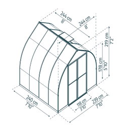 Teknisk tegning af Drivhus Bella 6 m² (sølv) fra Palram Canopia, klokkeformet konstruktion med bredde 2,4 m, dobbeltdøre og mål angivet (240 cm x 244 cm x 219 cm). Visning af aluminiumsramme, galvaniseret stålbase og polycarbonatpaneler.