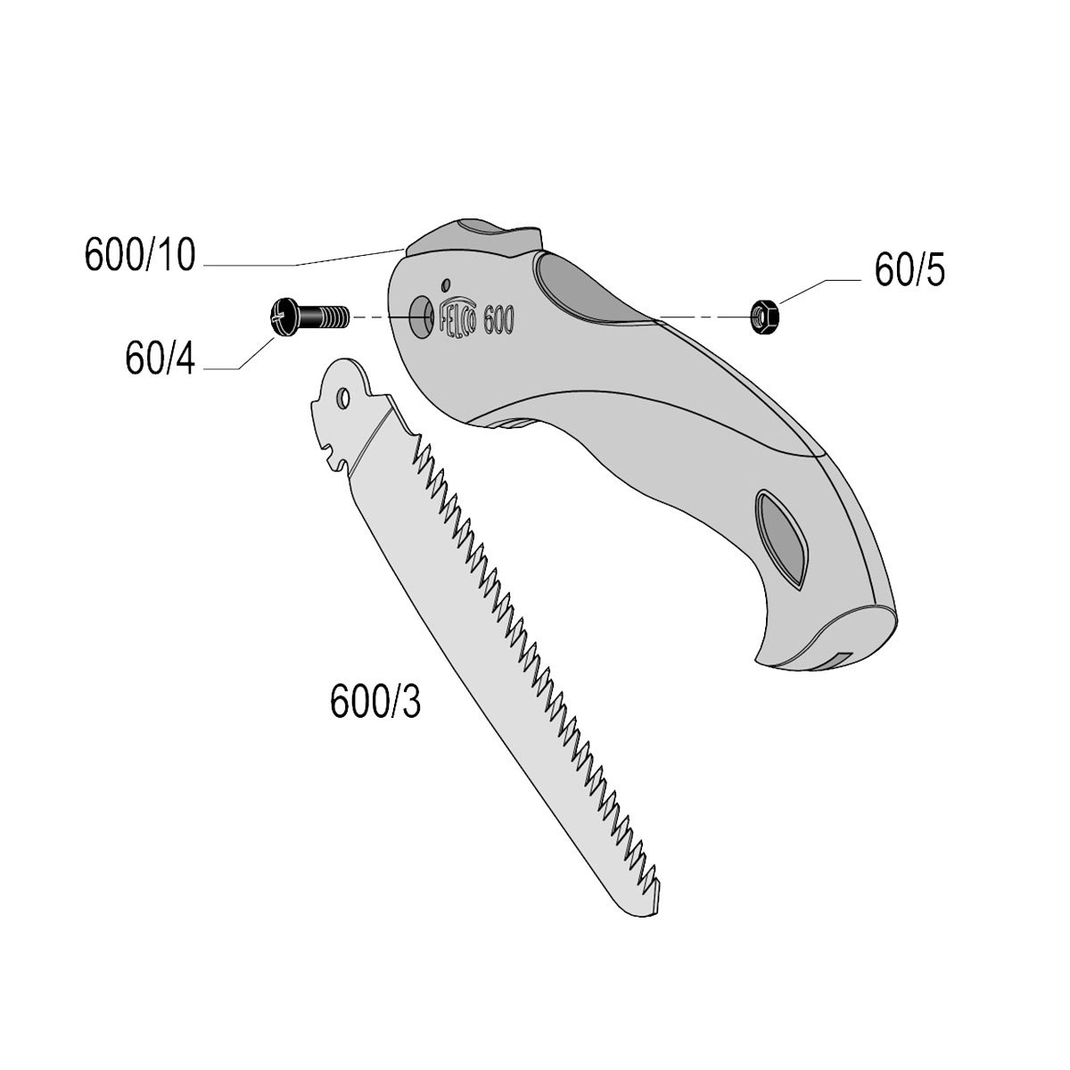 Eksploderet tegning af FELCO 600 folde-sav med dele