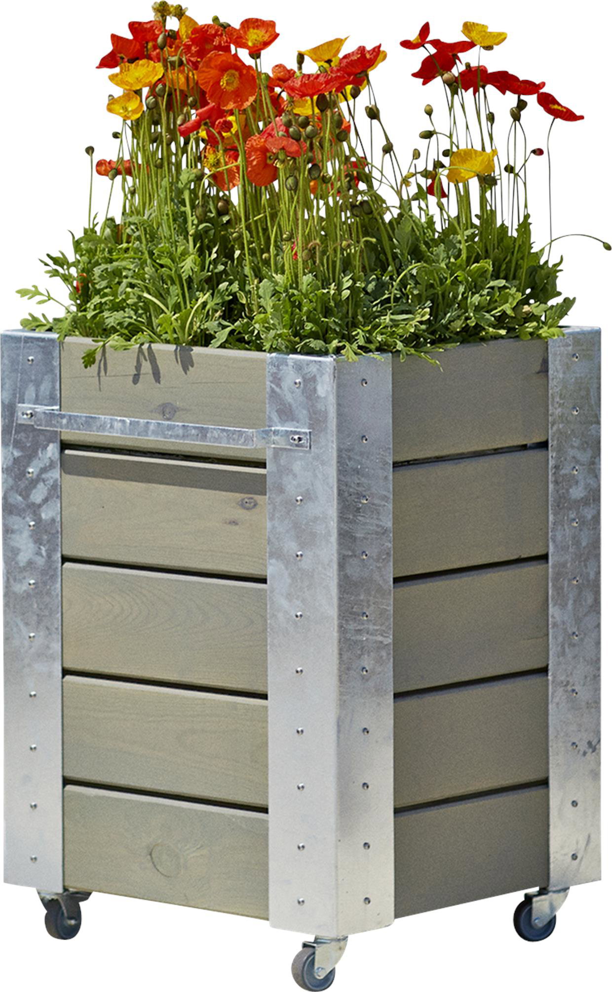 Mobil plantekasse i træ og metal med blomster