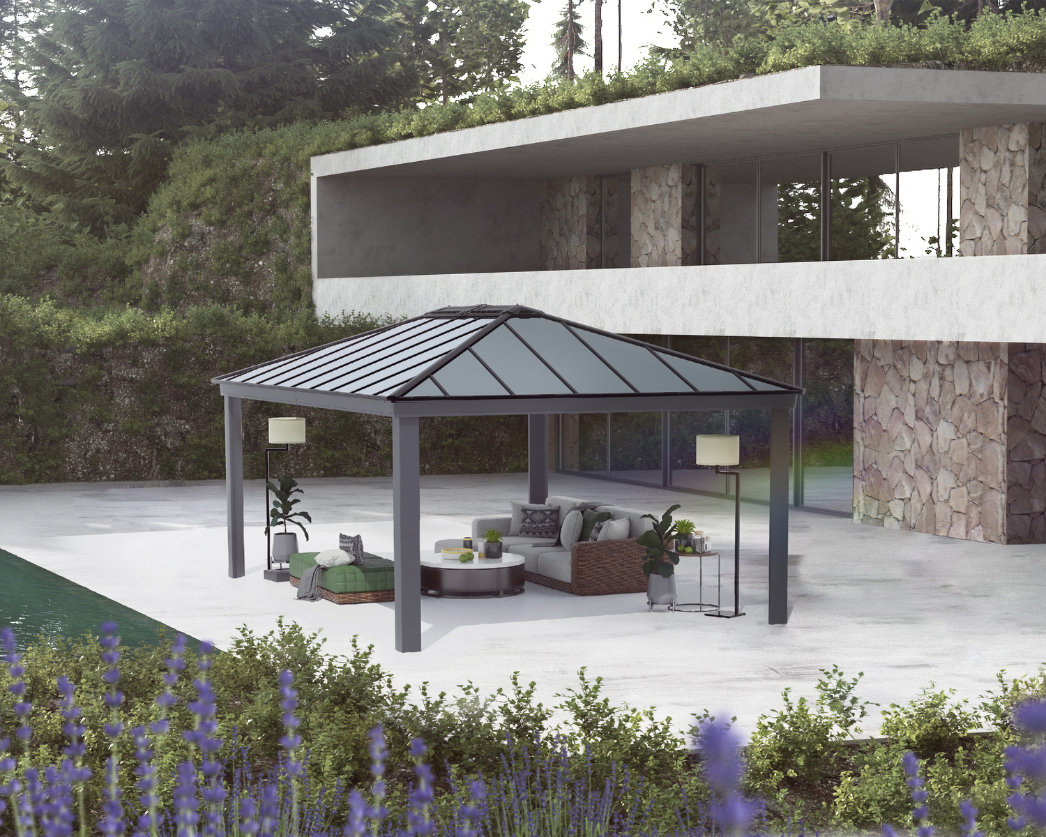Moderne havepavillon i aluminium med tag Stilfuld aluminiumspavillon med tag ved poolen
