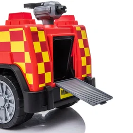 Elbrandbil 7,4V motor – NORDIC PLAY Speed rød elbil til børn 2-6 år Nærbillede af rød NORDIC PLAY Speed elbrandbil med åbent bagrum, udfoldet rampe og 1 x 7,4V motor. Børne-elbil med blinkende lys og alarmsirene, ideel til børn 2-6 år, topfart ca. 3 km/t.