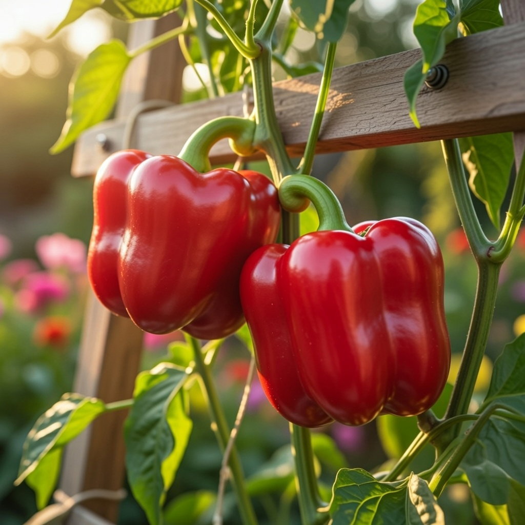 To modne røde peberfrugter (California Wonder) hængende på planten i drivhuslys – sød smag, frugter ca. 10–12 cm. Økologiske frø til såning indendørs og senere tilvænning i drivhus. Buzzy Organic.