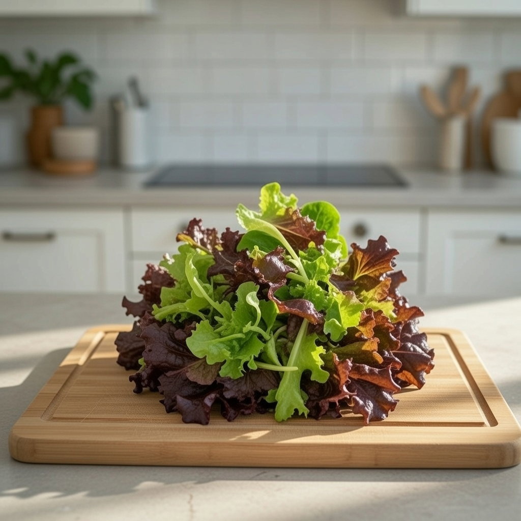 Blandet økologisk frø til fransk salatblanding med rød egeblade, krølsalat, endivie, frisée, radicchio og rucola — frisk salatmix på skærebræt fra Buzzy Organic