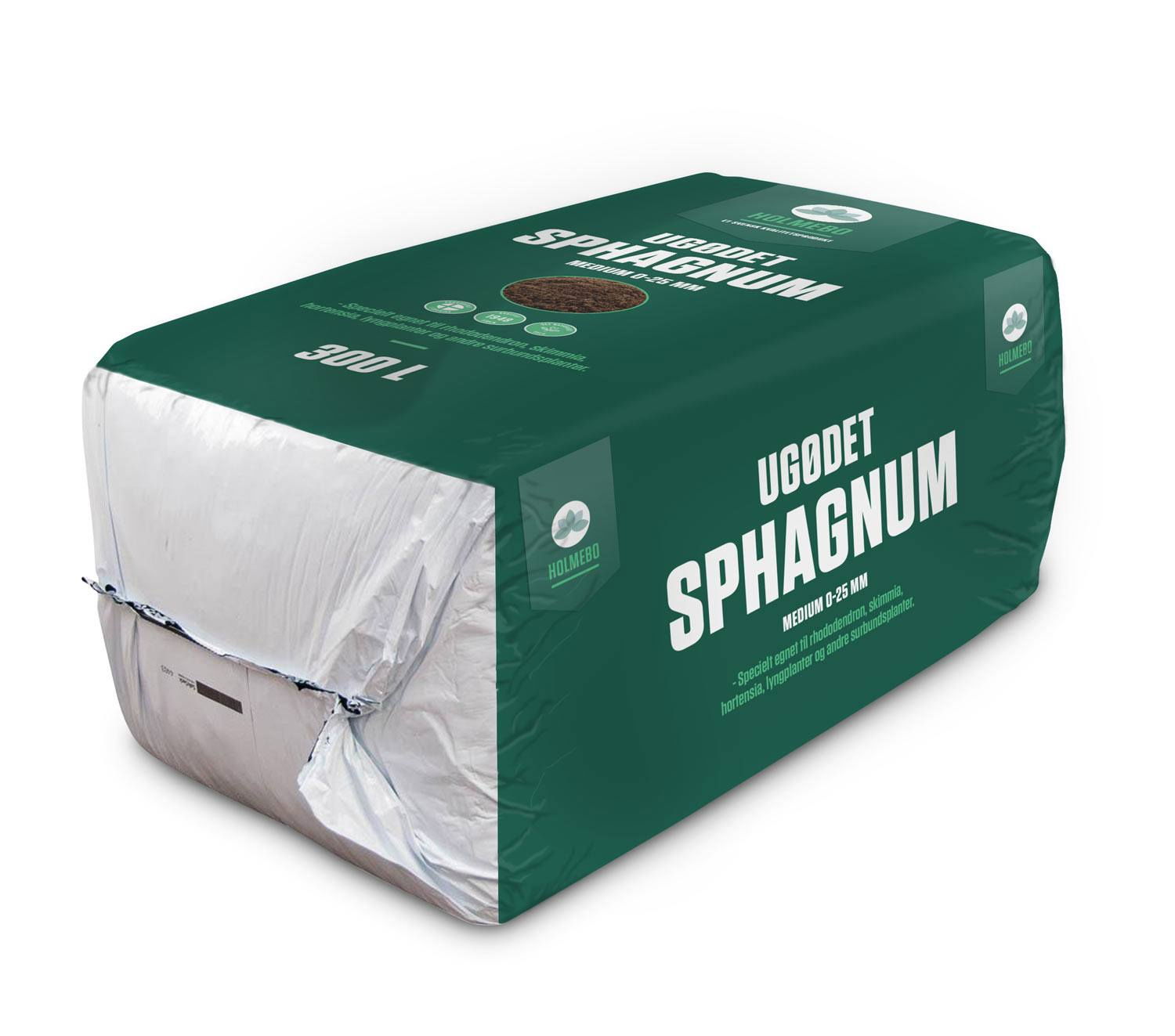 Komprimeret 300 L sæk med fin gartnerspagnum (0-25 mm) fra Holmebo Tørv på palle med 18 sække, medium struktur, lav pH 3,5-4,5, ideel til jordforbedring og allround brug i haven
