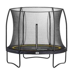 Rund havetrampolin med sikkerhedsnet Sort rund trampolin med net til haven