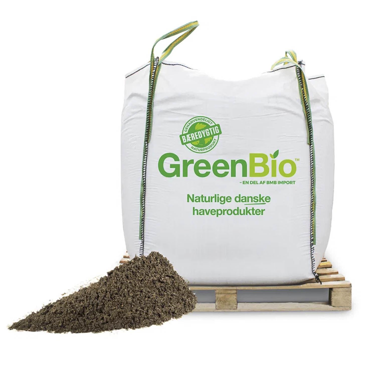 Stor GreenBio bigbag med dansk naturgødning på palle