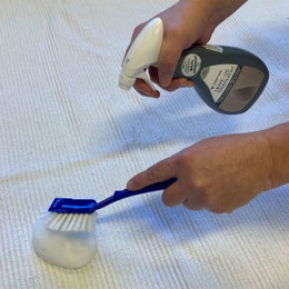 Rengøring af tæppe med spray og børste Hånd renser tæppe med pletspray og børste