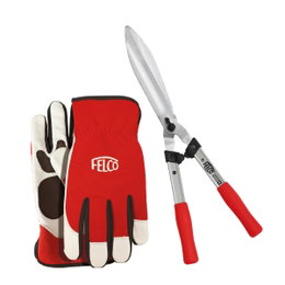 FELCO hækkesaks med røde og hvide havehandsker