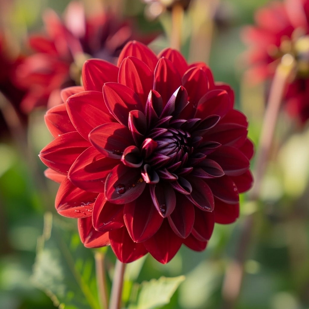 Nærbillede af Dahlia 'Arabian Night' i dyb mørkerød med tætte, fløjlsagtige blomsterhoveder. Velegnet til bede og som snitblomst, blomstrer juli–oktober. 1 løg, producent Florex.