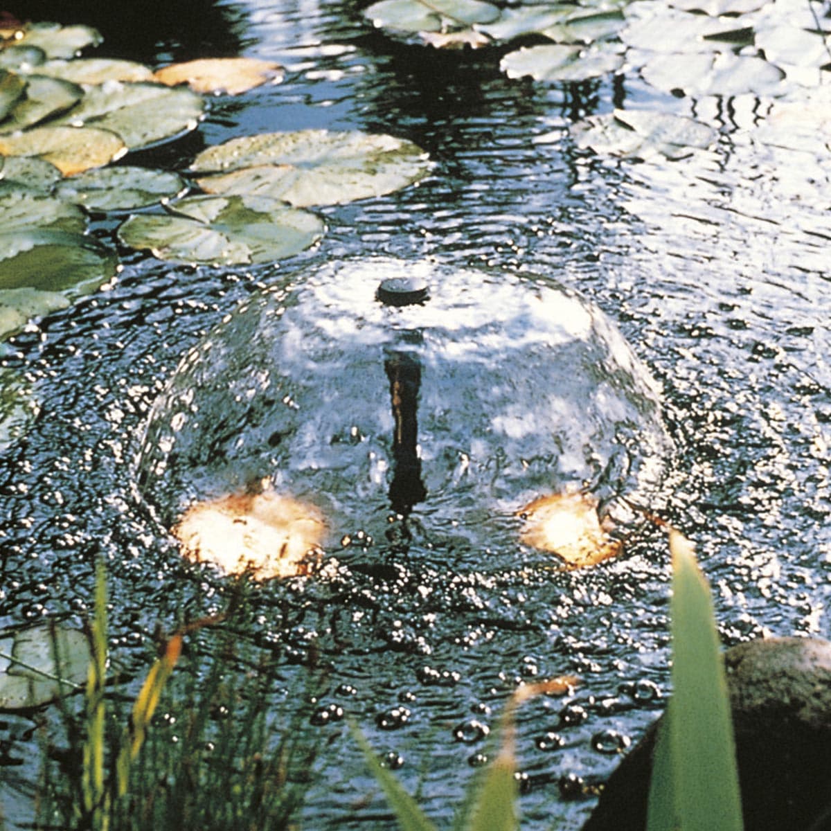 Rund springkilde med lys i havedam med åkander