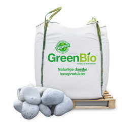 Hvide pyntesten 70-100 mm - GreenBio sæk med dekorative kalksten til haven Hvide pyntesten 70–100 mm fra GreenBio i stor sæk på palle, naturligt afrundede kalksten til dekorativ brug i haven, gangarealer og beddækning