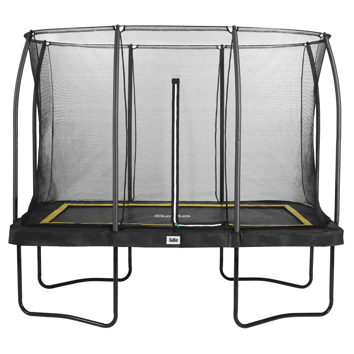 Sort rektangulær trampolin med net og ben