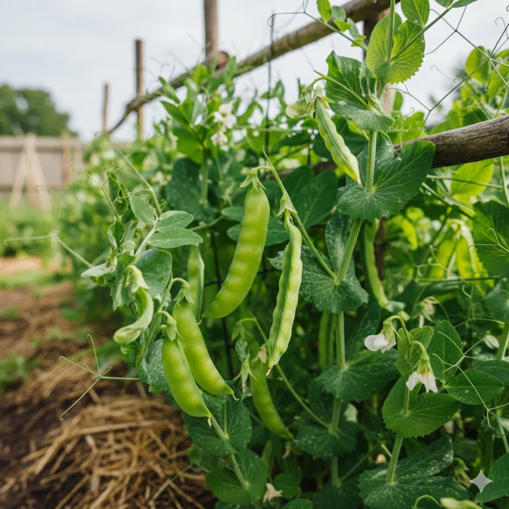 Nærbillede af modne grønne sukkerærter 'Norli' på plantegitter med lange flade bælge; økologiske frø fra Buzzy Organic, kendt for sød smag og sprød konsistens