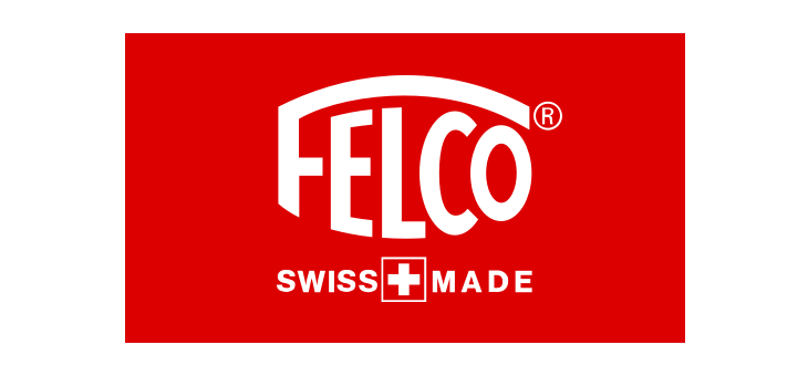 FELCO-logo på rød baggrund med teksten "SWISS MADE" og schweizisk kors Hvidt FELCO-logo på rød baggrund med teksten "SWISS MADE" og et hvidt schweizisk kors