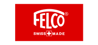 Hvidt FELCO-logo på rød baggrund med teksten "SWISS MADE" og et hvidt schweizisk kors